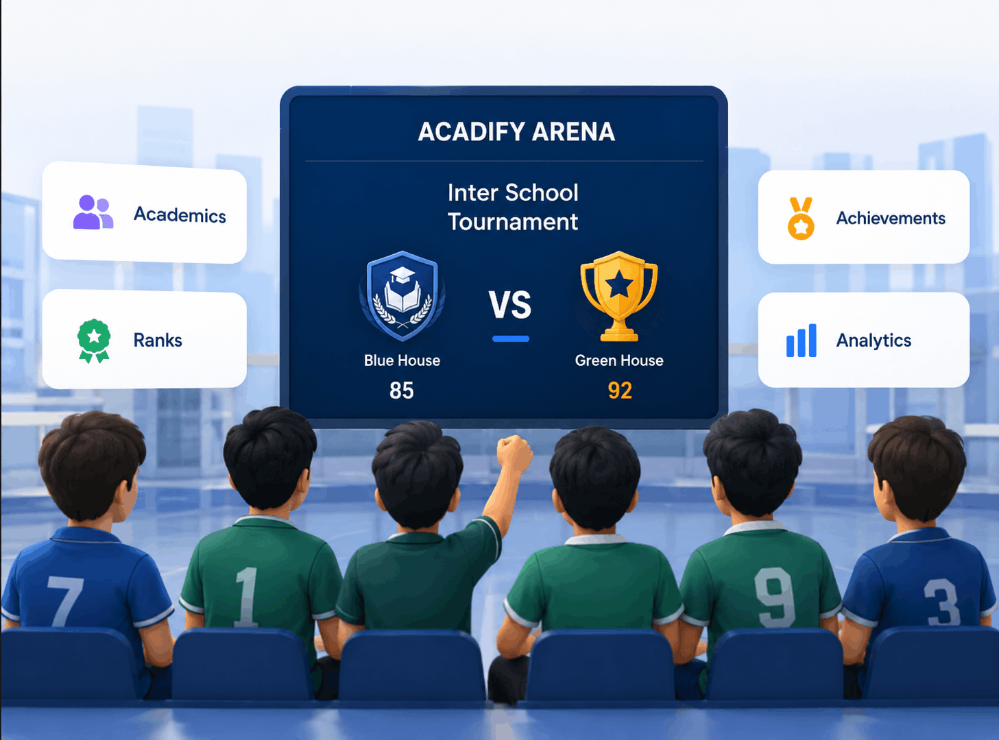 Acadify Arena — inter-school academics, sports, achievements and AI insights